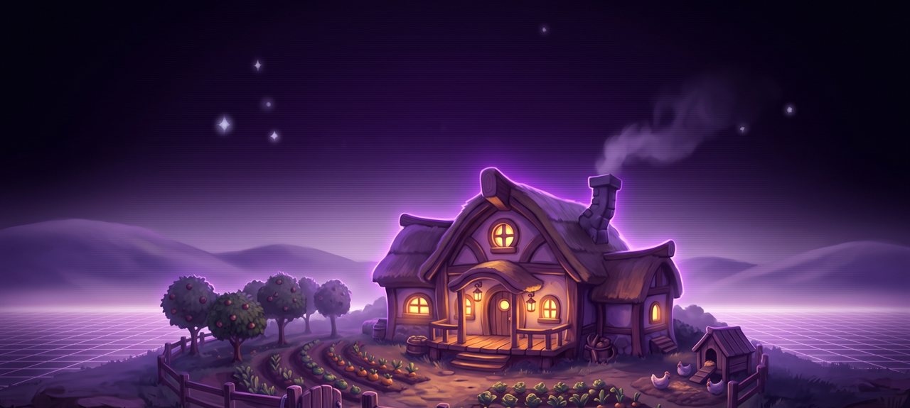 HOMESTEAD: chalé iluminado ao anoitecer sobre campos cultivados, sob céu roxo