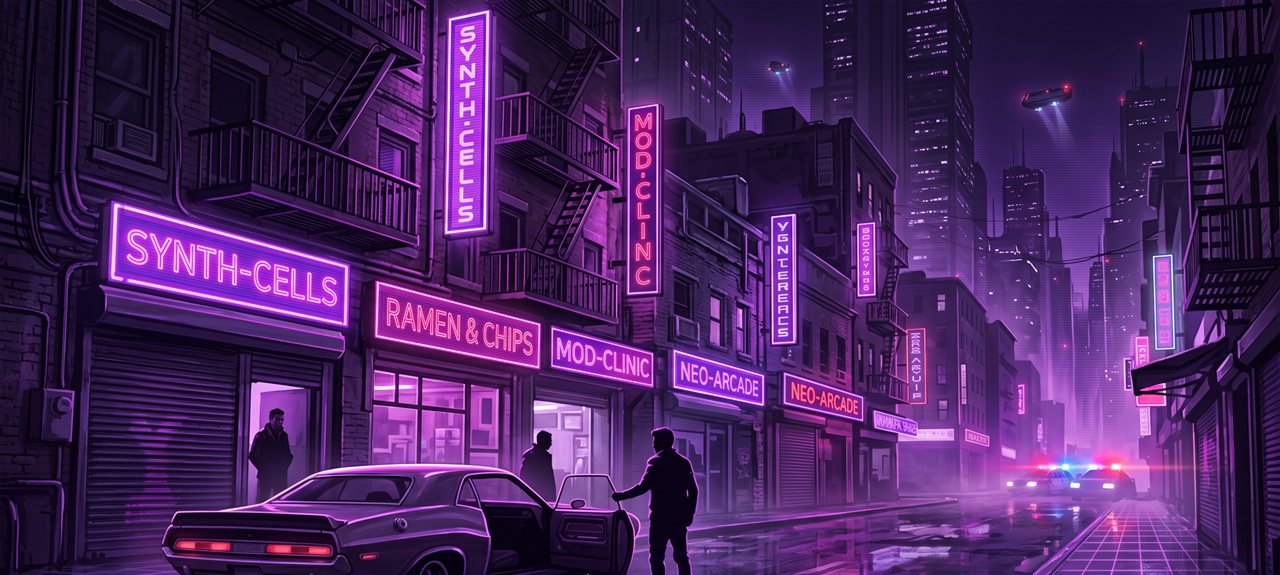UNDERBLOCK: rua urbana molhada à noite, letreiros de neon e viatura ao fundo